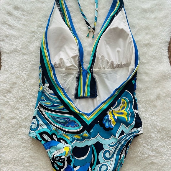 Trina Turk Blue and Yellow One Piece Swimsuit with Plunging Neckline - Picture 4 of 6